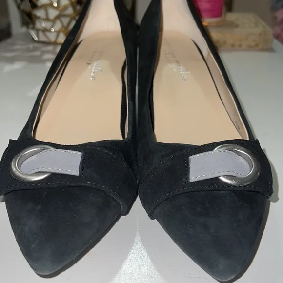 Bettye Muller Concept leather and suede block pointy toe black heels - Picture 3 of 9